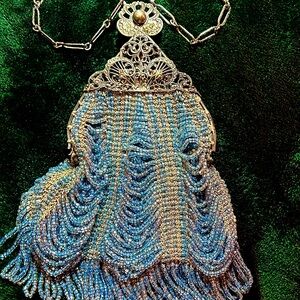 Antique 1920s Art Deco Flapper Micro Beaded Sky Blue/Silver Evening Bag/Purse